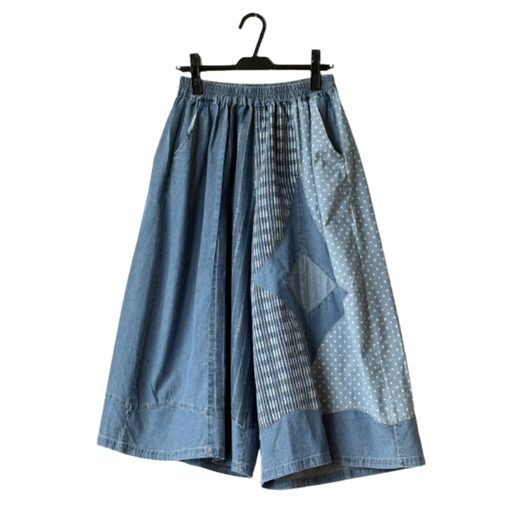 アシンメトリー異素材切り替え パッチワーク デニムワイドパンツ BPS-26231 [Bell Pony]