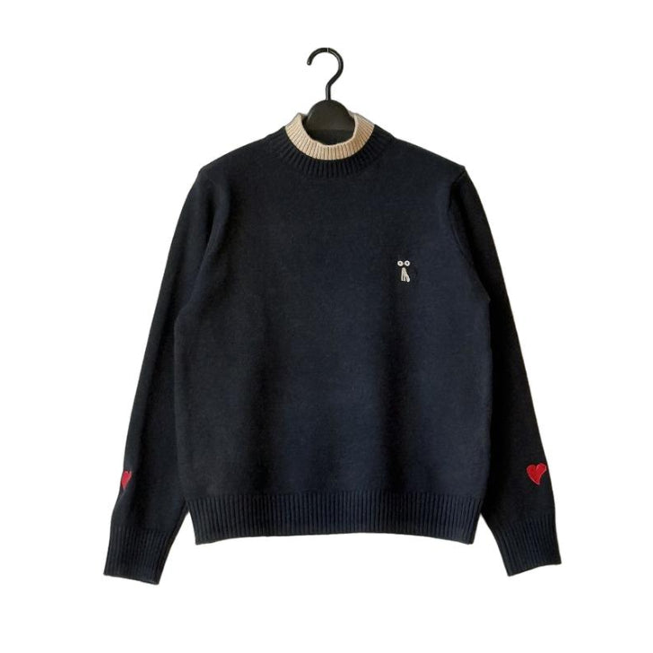 猫刺繍 配色2枚重ねハイネック ニットセーター BPW-25646  [Bell Pony]