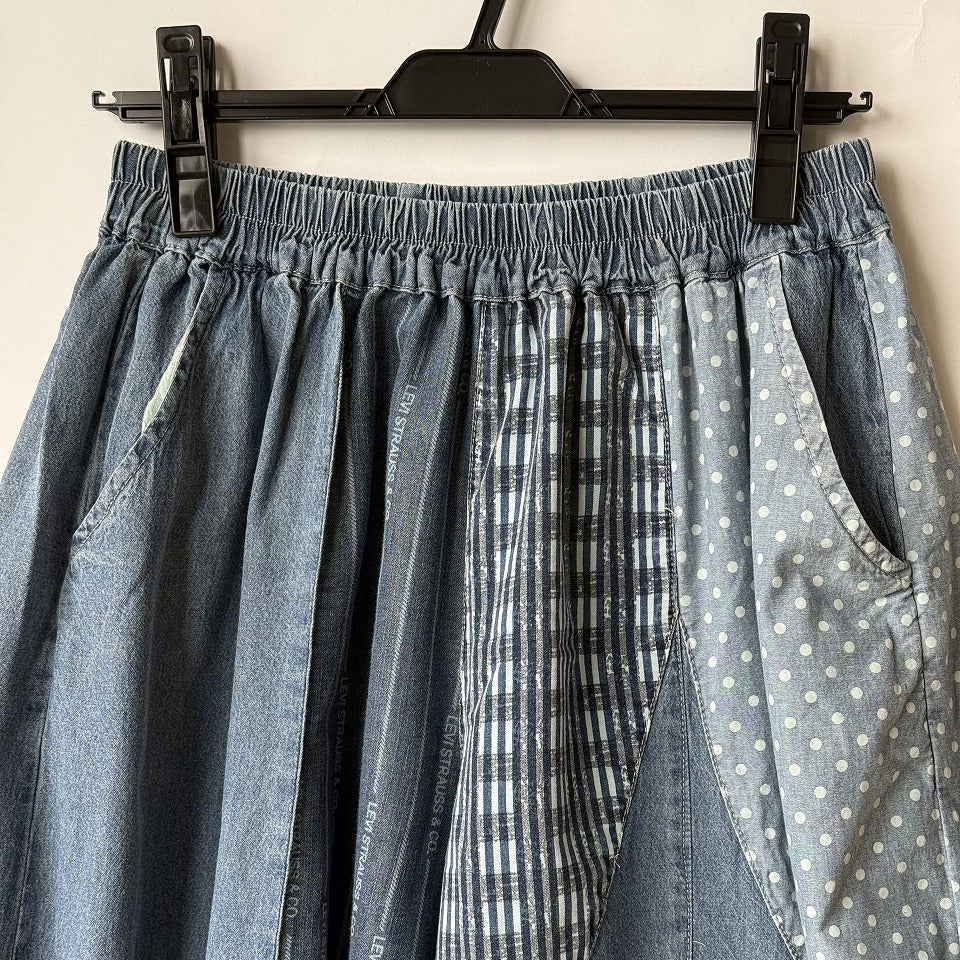 アシンメトリー異素材切り替え パッチワーク デニムワイドパンツ BPS-26231 [Bell Pony]