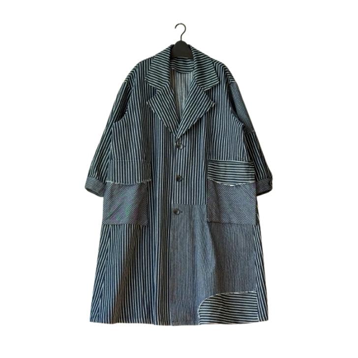アシンメトリー 異素材切り替え ストライプ デニムコート BPS-26072 [Bell Pony]
