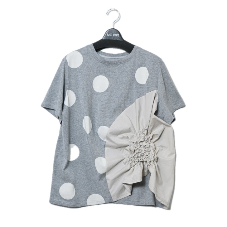 異素材切り替え ドットプリント+シャーリング デザインTシャツ 半袖 BPS-25241 [Bell Pony]