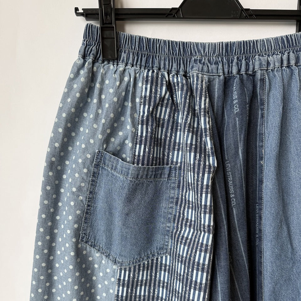 アシンメトリー異素材切り替え パッチワーク デニムワイドパンツ BPS-26231 [Bell Pony]