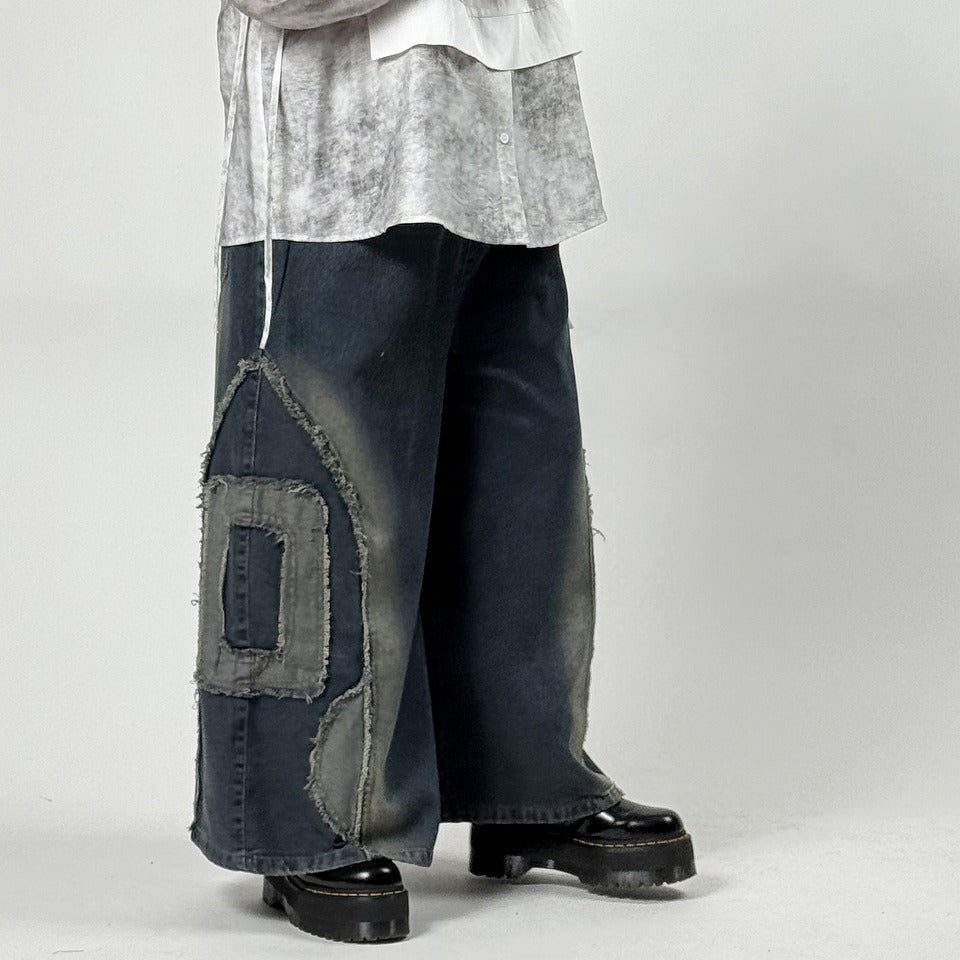 アップリケ刺繍 デニムワイドパンツ BPS-26147 [Bell Pony]