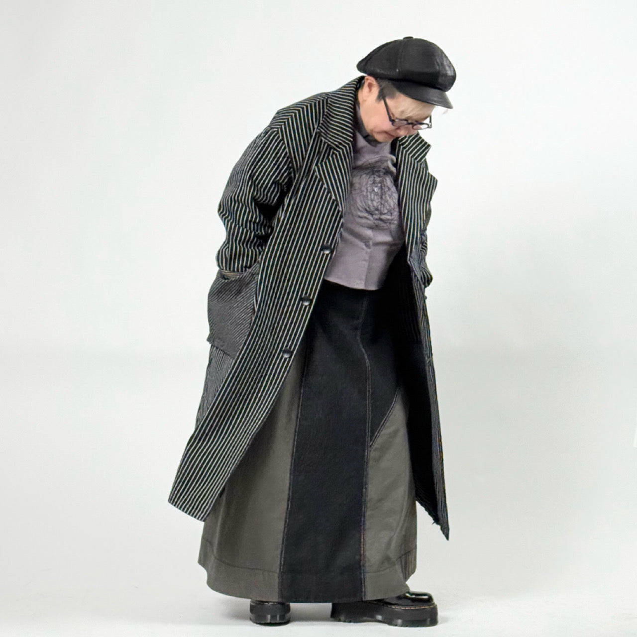 アシンメトリー 異素材切り替え ストライプ デニムコート BPS-26072 [Bell Pony]