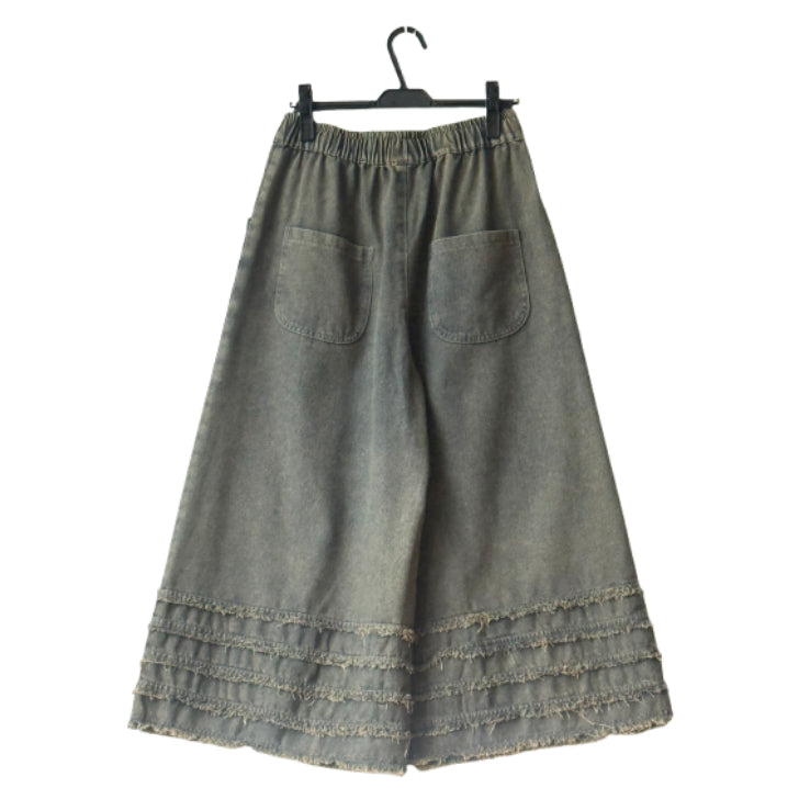 裾フリンジ切り替え デニムワイドパンツ BPA-25304 [Bell Pony]