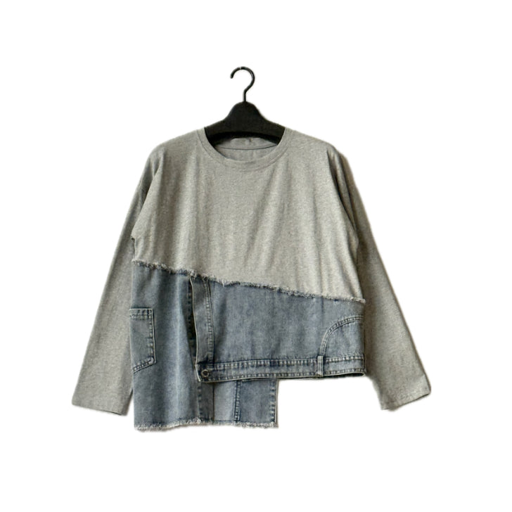 アシンメトリー デニム切替 ロングTシャツ BPA-25265 [Bell Pony]