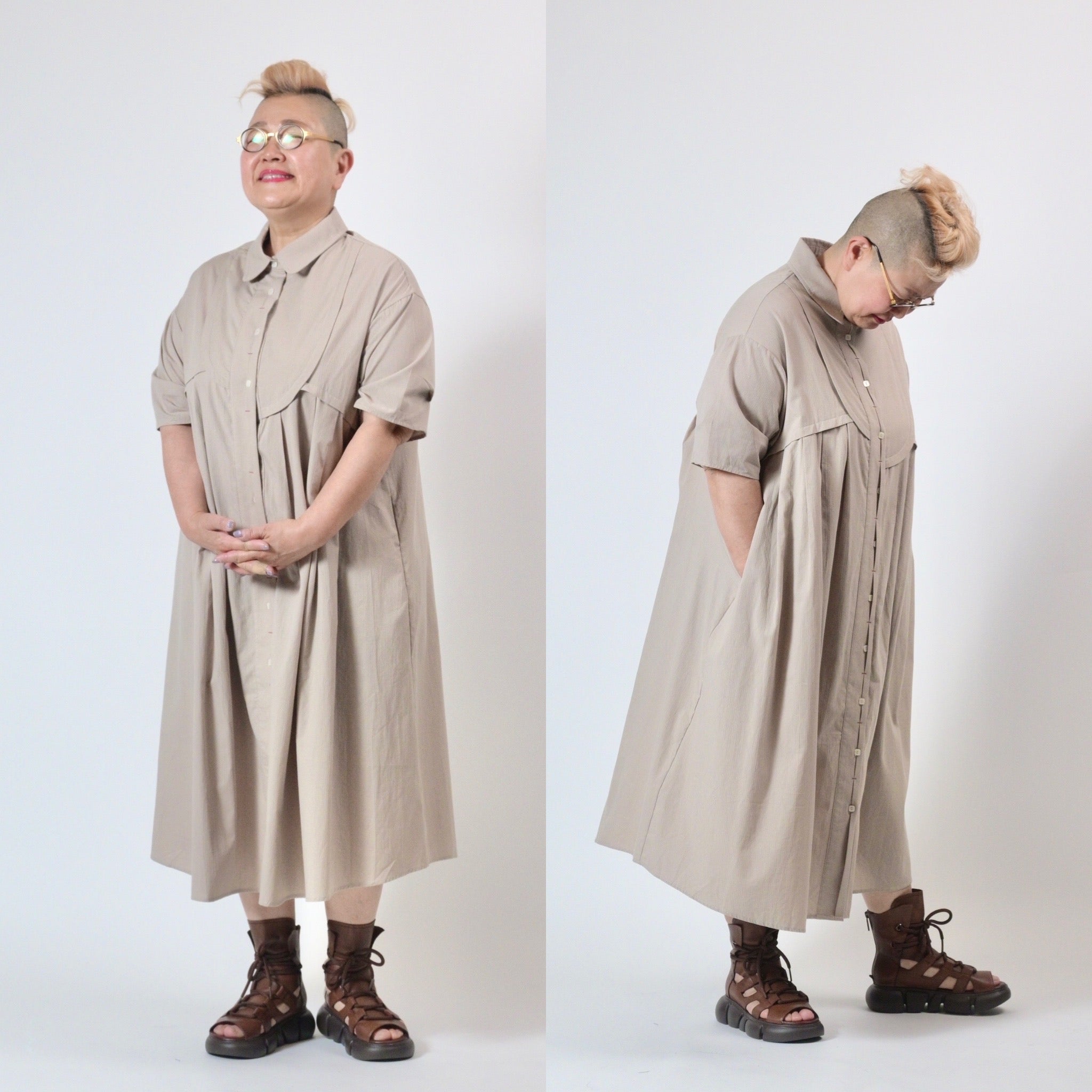 アシンメトリー切替デザイン シャツワンピース ロングシャツ
