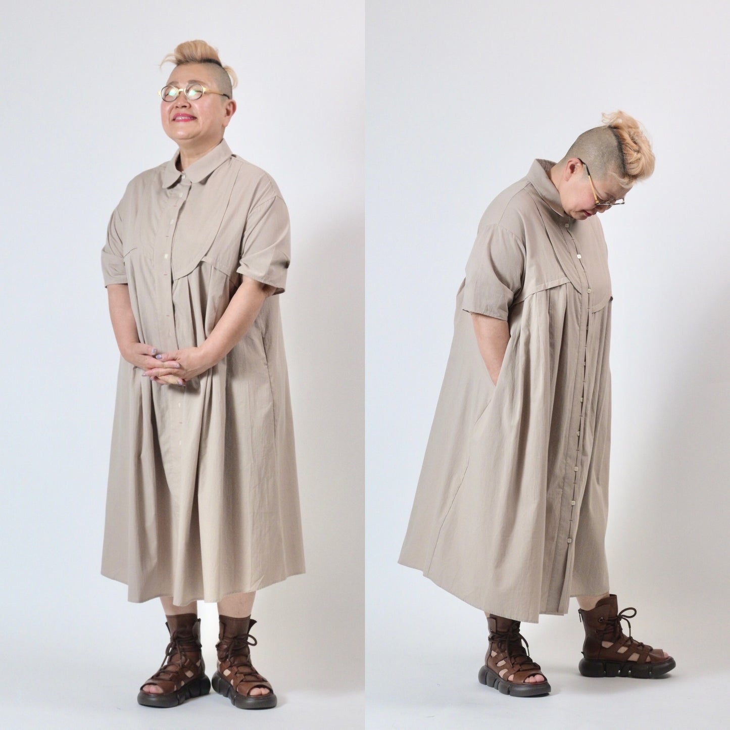 アシンメトリー切替デザイン シャツワンピース ロングシャツ 半袖 BP-250503SC [Bell Pony]