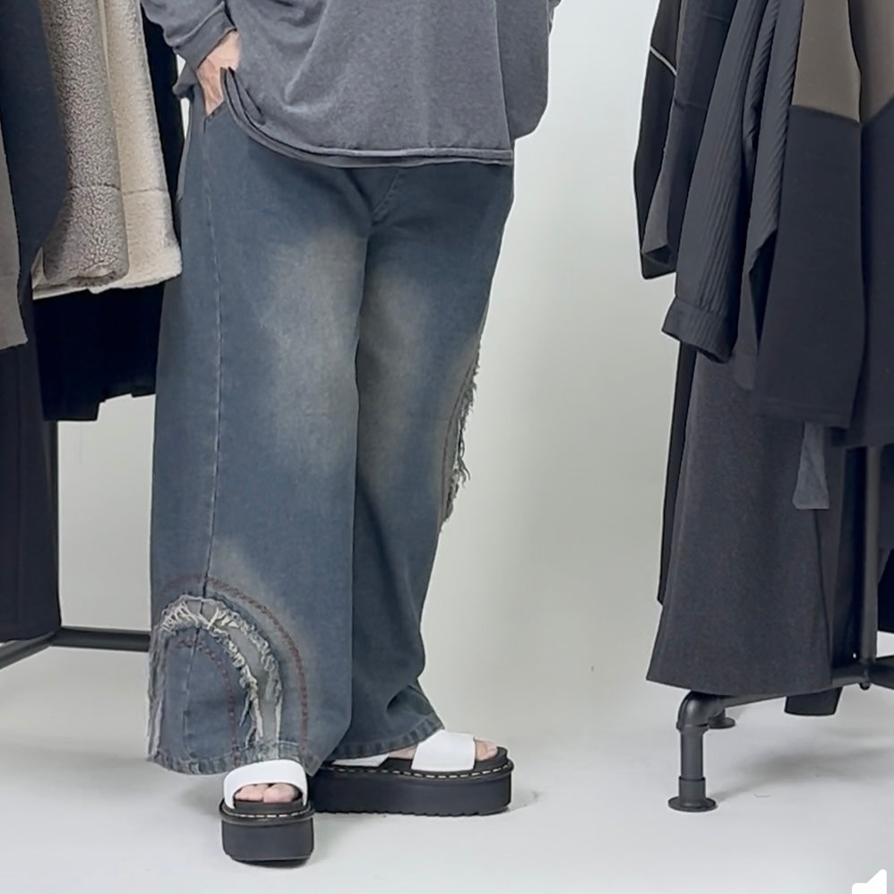 アシンメトリー刺繍ワイドデニムパンツ BPW-25554 [Bell Pony]