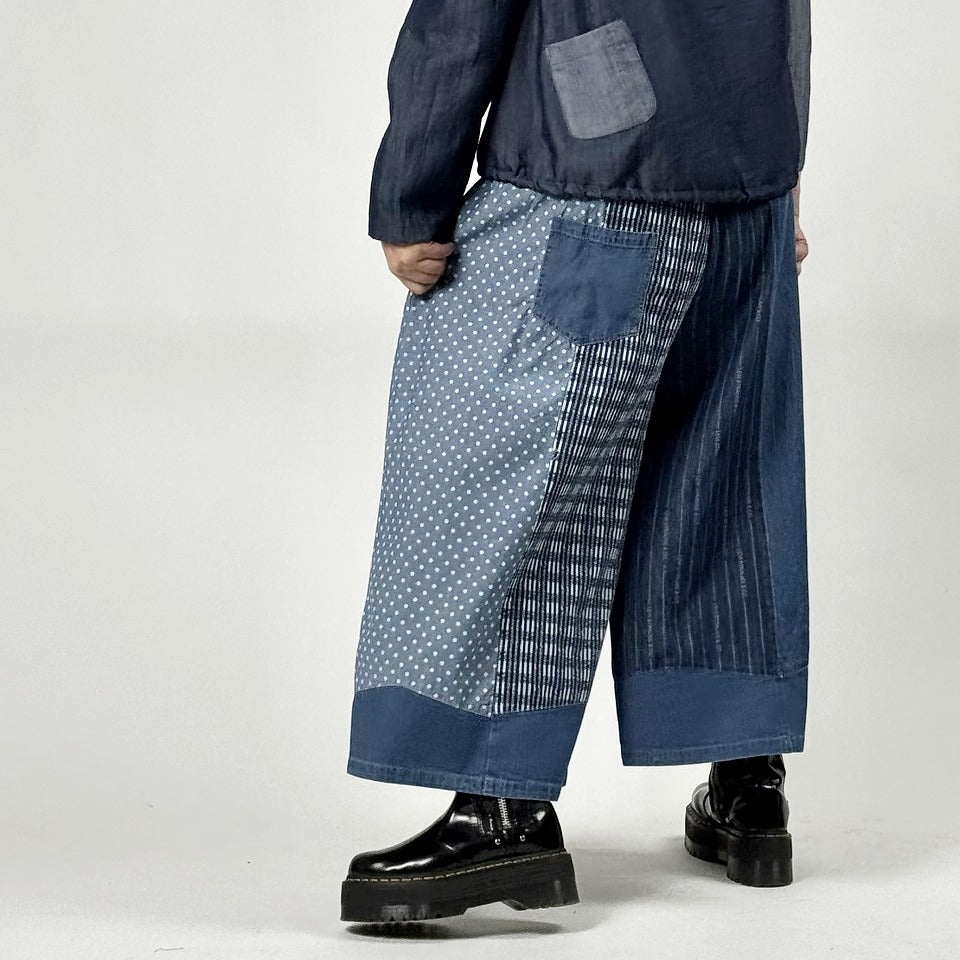 アシンメトリー異素材切り替え パッチワーク デニムワイドパンツ BPS-26231 [Bell Pony]