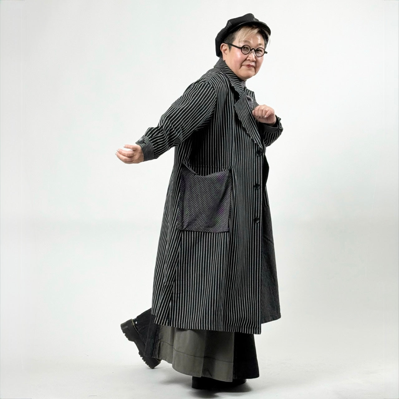 アシンメトリー 異素材切り替え ストライプ デニムコート BPS-26072 [Bell Pony]