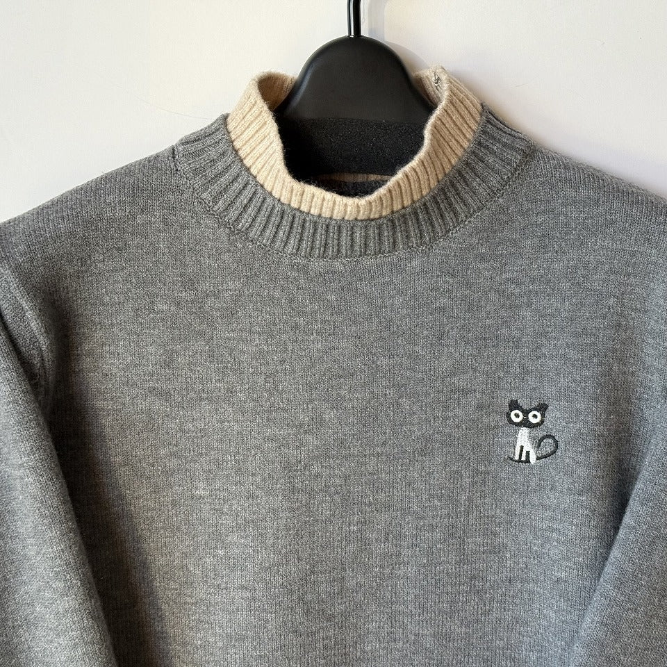 猫刺繍 配色2枚重ねハイネック ニットセーター BPW-25646  [Bell Pony]
