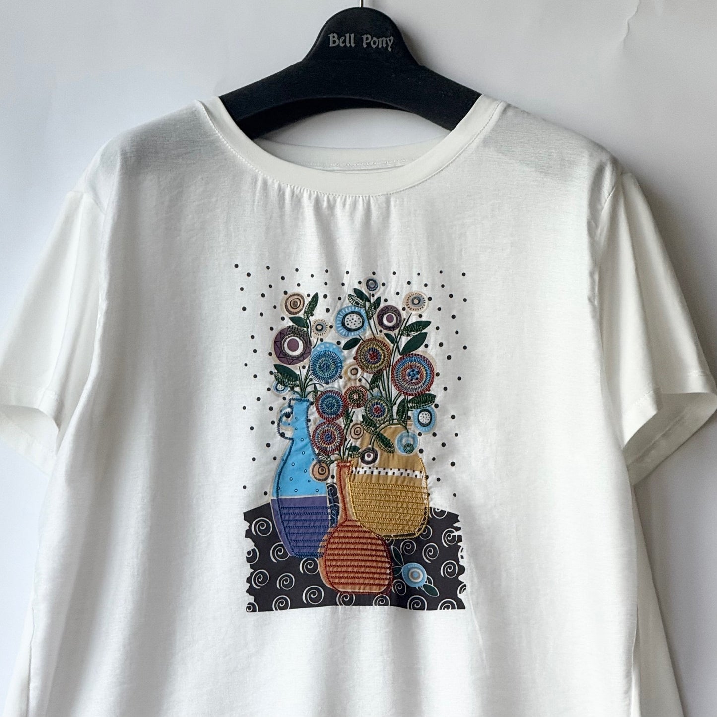 異素材切り替え カラフル花柄 シシュウ+プリント Tシャツ BPS-25512 [Bell Pony]