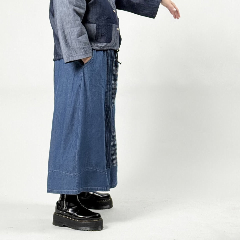 アシンメトリー異素材切り替え パッチワーク デニムワイドパンツ BPS-26231 [Bell Pony]