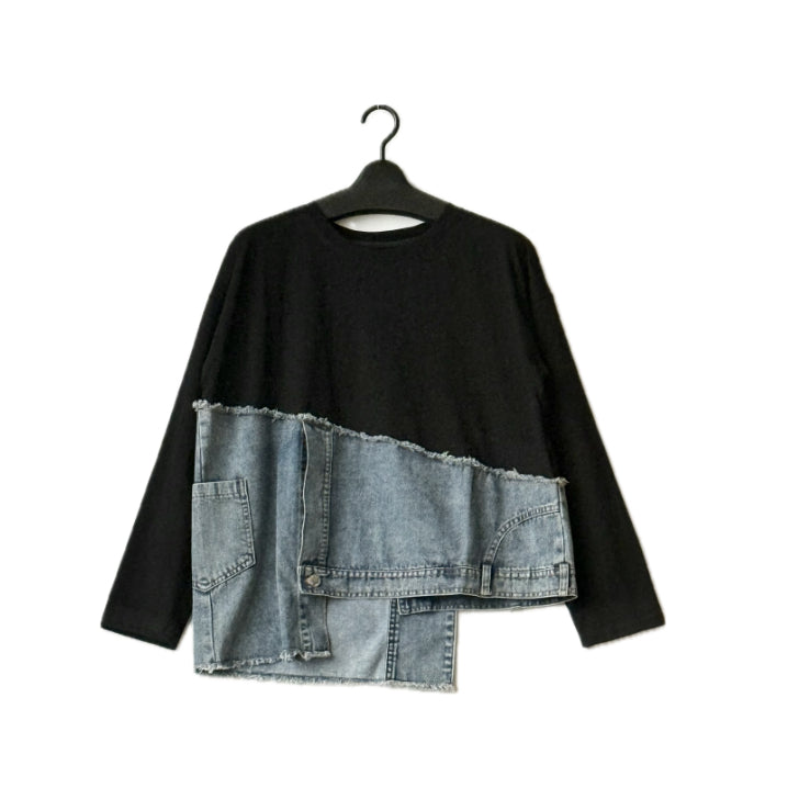 アシンメトリー デニム切替 ロングTシャツ BPA-25265 [Bell Pony]