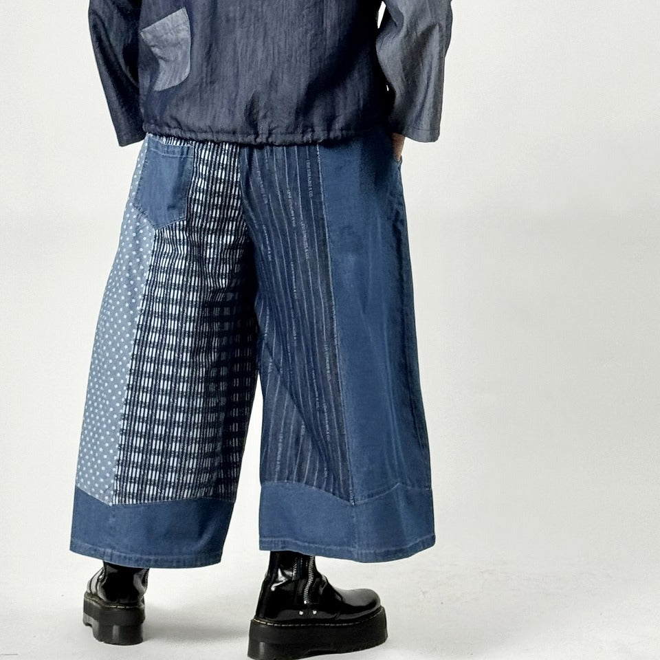 アシンメトリー異素材切り替え パッチワーク デニムワイドパンツ BPS-26231 [Bell Pony]
