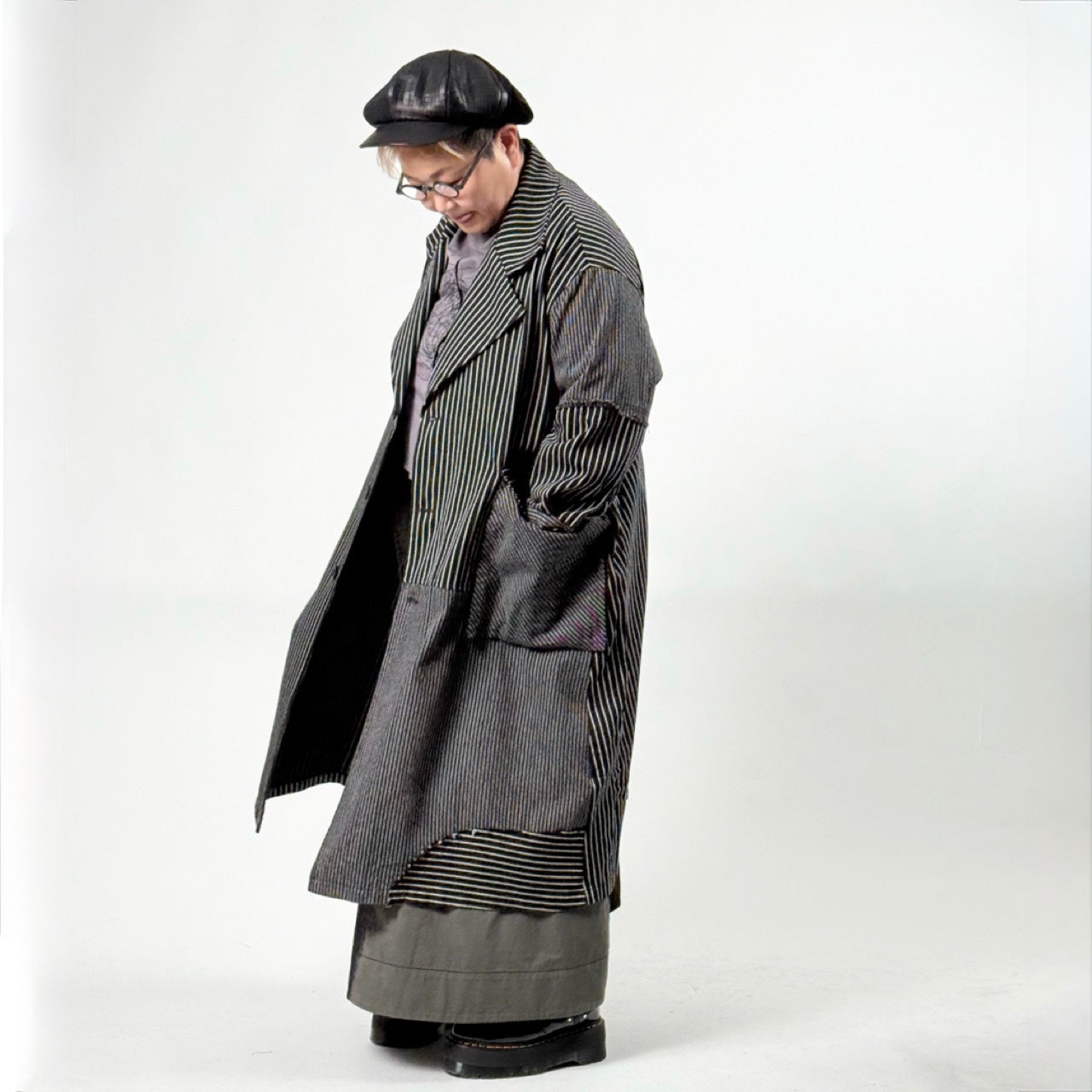 アシンメトリー 異素材切り替え ストライプ デニムコート BPS-26072 [Bell Pony]