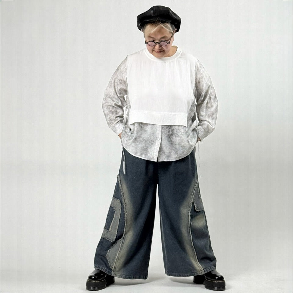 アップリケ刺繍 デニムワイドパンツ BPS-26147 [Bell Pony]