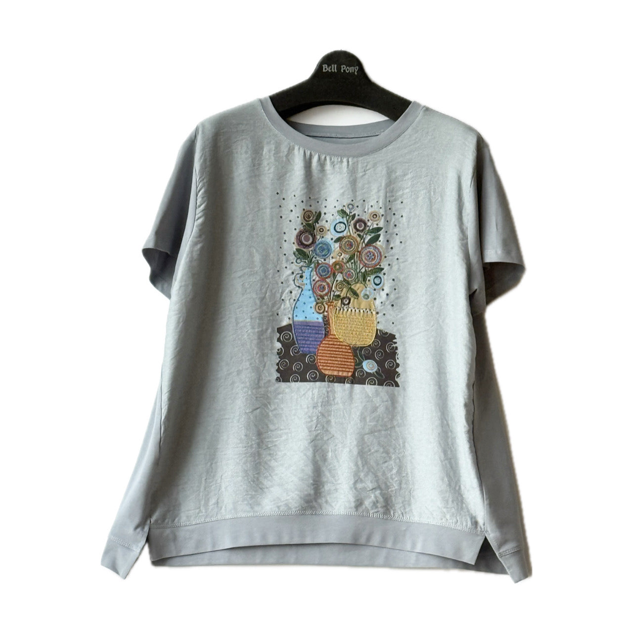 異素材切り替え カラフル花柄 シシュウ+プリント Tシャツ BPS-25512 [Bell Pony]