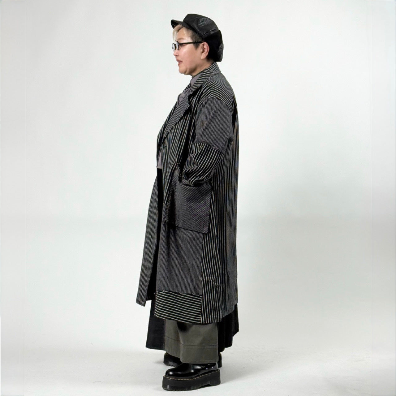 アシンメトリー 異素材切り替え ストライプ デニムコート BPS-26072 [Bell Pony]