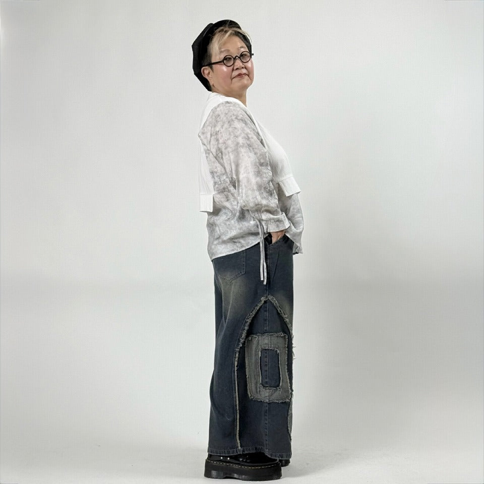 レイヤード風 異素材ドッキングプリントシャツ BPS-26111 [Bell Pony]