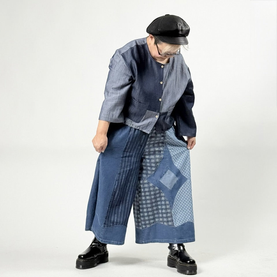 アシンメトリー異素材切り替え パッチワーク デニムワイドパンツ BPS-26231 [Bell Pony]