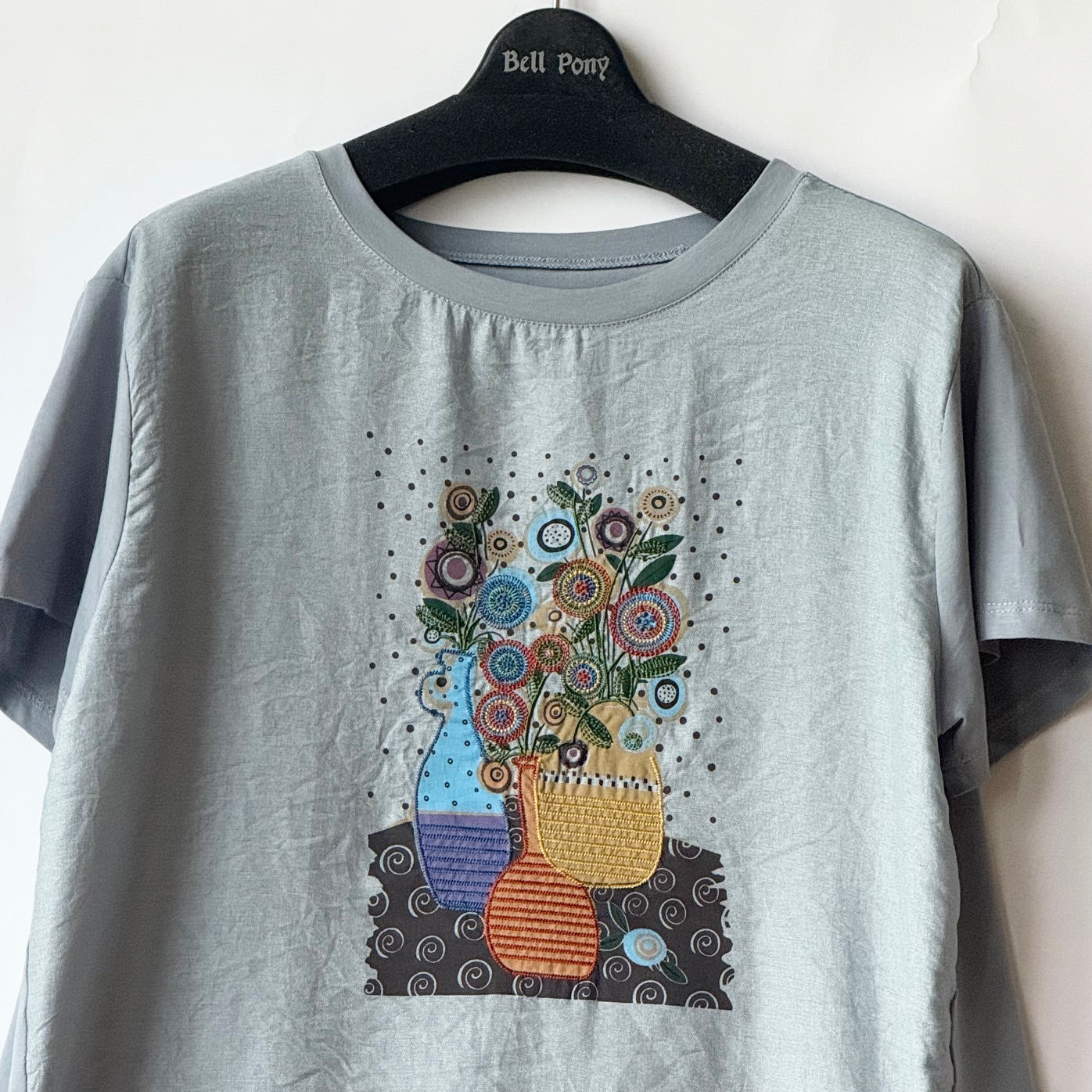 異素材切り替え カラフル花柄 シシュウ+プリント Tシャツ BPS-25512 [Bell Pony]