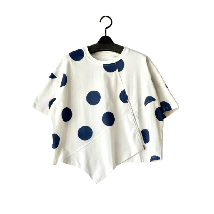 水玉ドット×無地 アシンメトリー切替え Tシャツ BPS-26647 [Bell Pony]