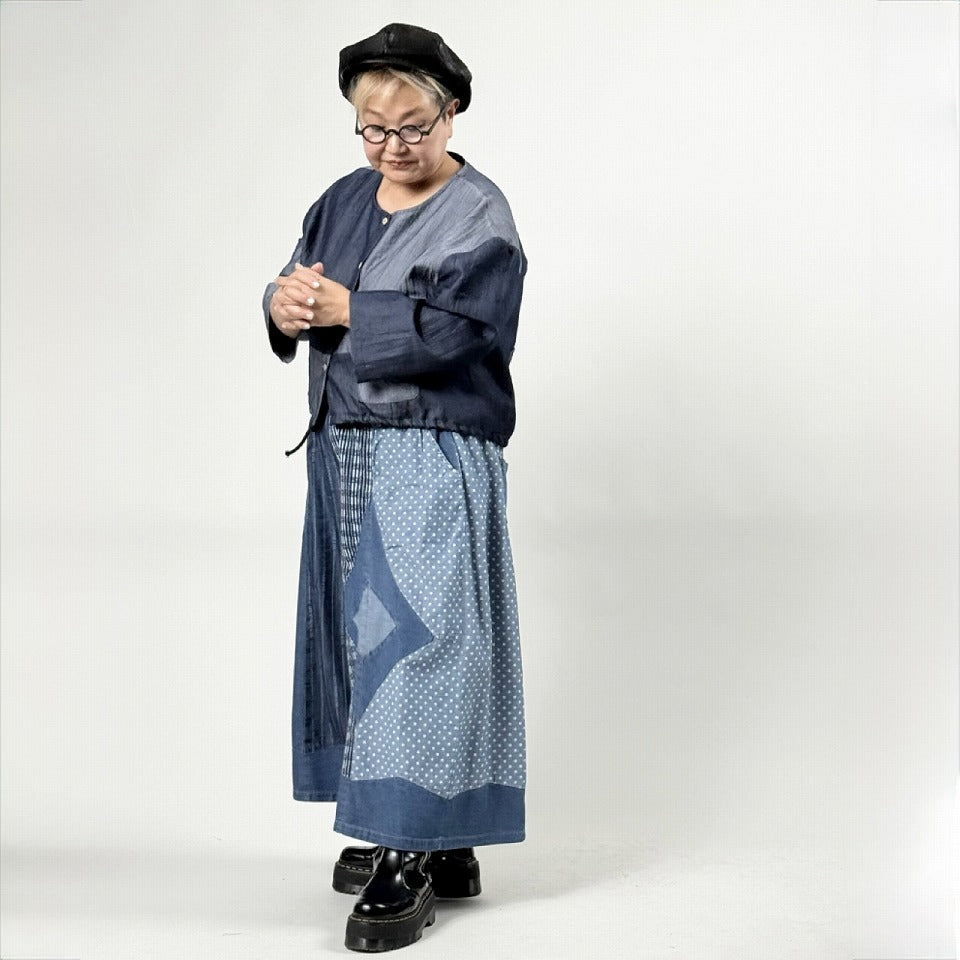 アシンメトリー異素材切り替え パッチワーク デニムワイドパンツ BPS-26231 [Bell Pony]