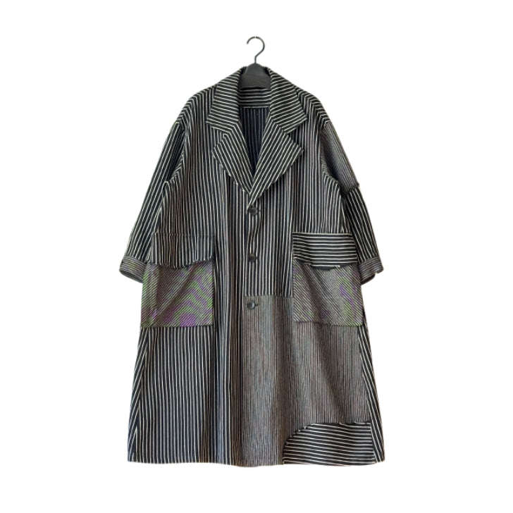 アシンメトリー 異素材切り替え ストライプ デニムコート BPS-26072 [Bell Pony]