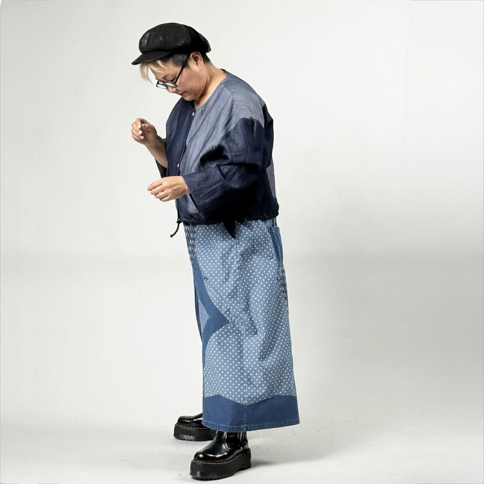 アシンメトリー異素材切り替え パッチワーク デニムワイドパンツ BPS-26231 [Bell Pony]