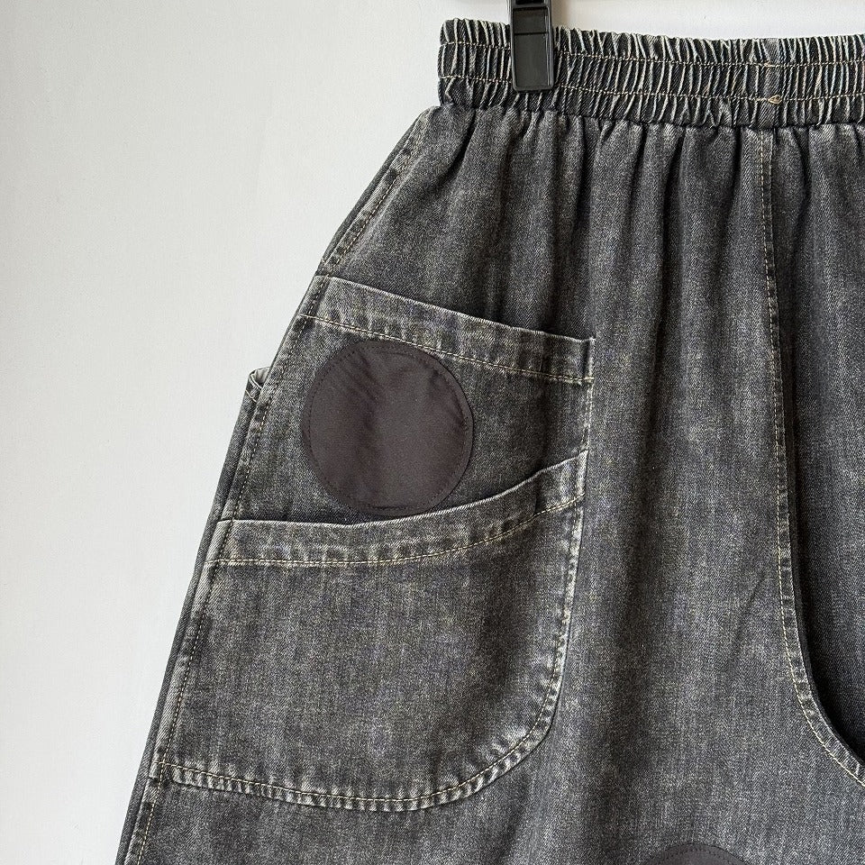 ドット柄 アップリケ デザイン ブラックデニム コクーンパンツ BPS-26060 [Bell Pony]