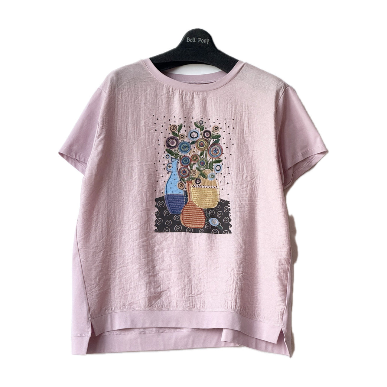 異素材切り替え カラフル花柄 シシュウ+プリント Tシャツ BPS-25512 [Bell Pony]