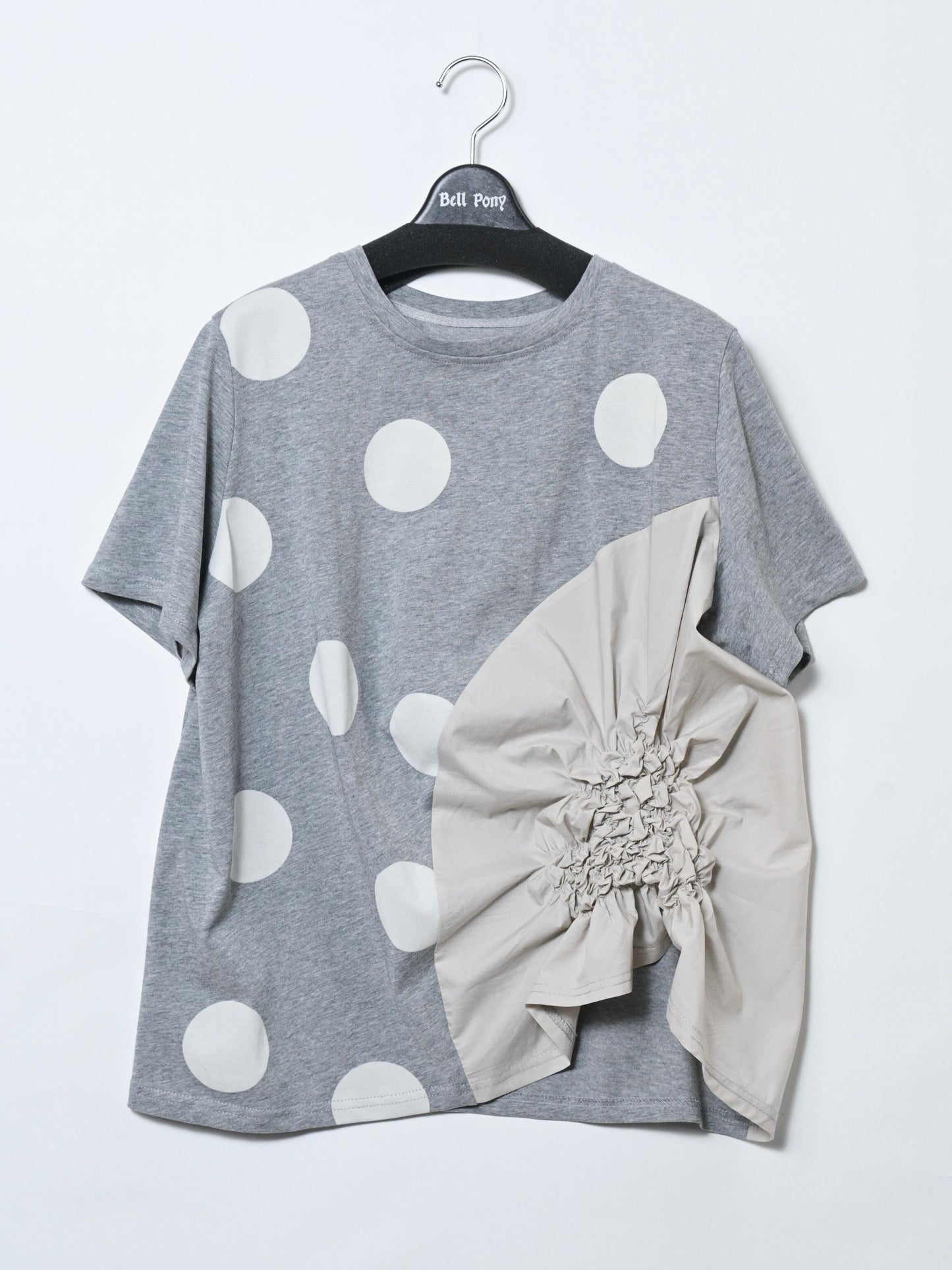 異素材切り替え ドットプリント+シャーリング デザインTシャツ 半袖 BPS-25241 [Bell Pony]