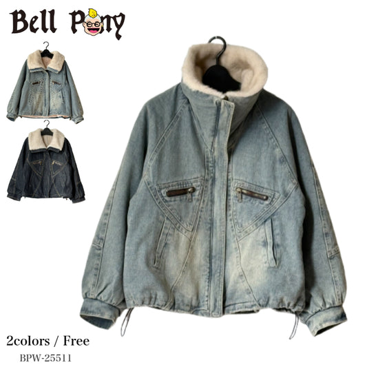 ふわふわファー衿付き デニムジャケット ジップ開き BPW-25511 [Bell Pony]