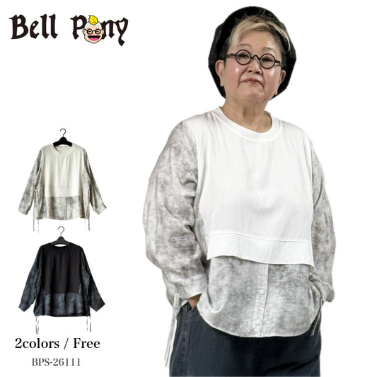 レイヤード風 異素材ドッキングプリントシャツ BPS-26111 [Bell Pony]