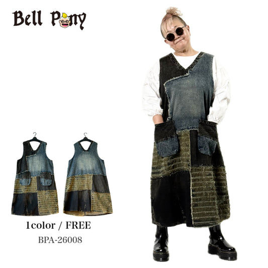 デニムパッチワークノースリーブ ロングワンピース BPA-26008 [Bell Pony]